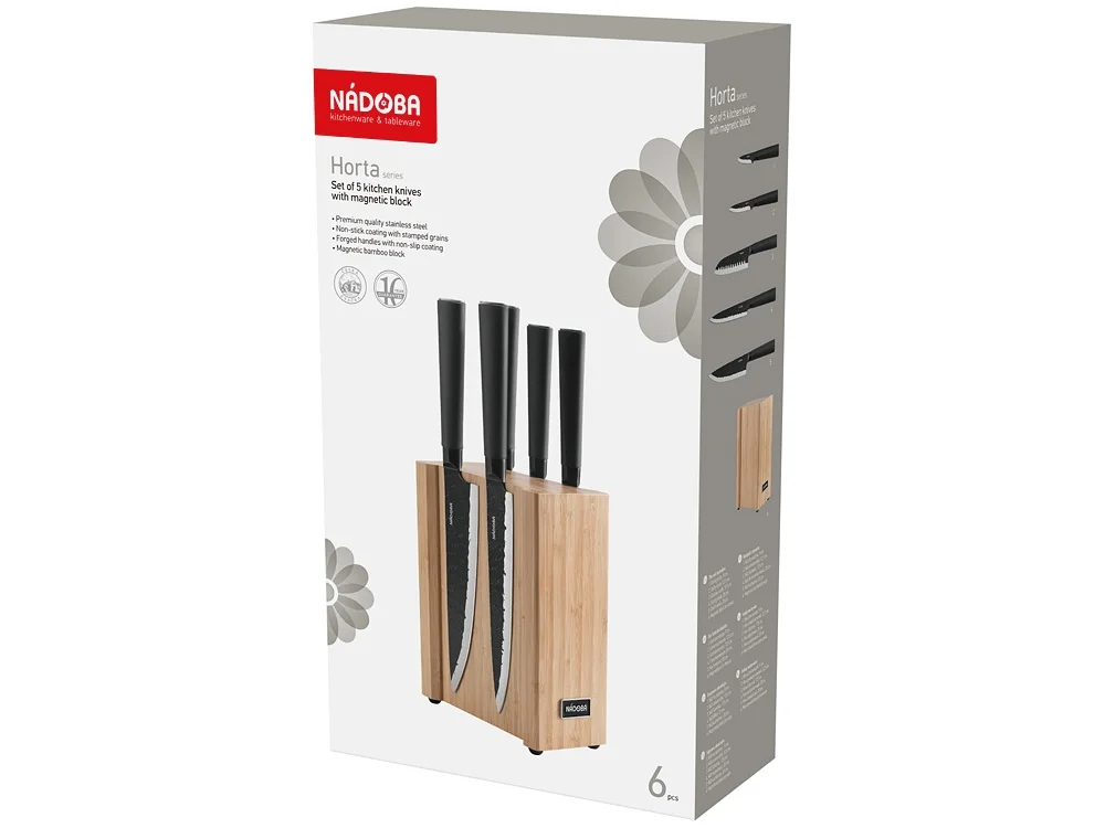 Набор из 5 кухонных ножей на магнитном блоке HORT бежевый стальной черный - фото 2