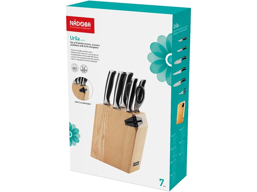 Набор из 5 кухонных ножей, ножниц и блока для ножей с ножеточкой «URSA», стальной, черный, бежевый - фото 7