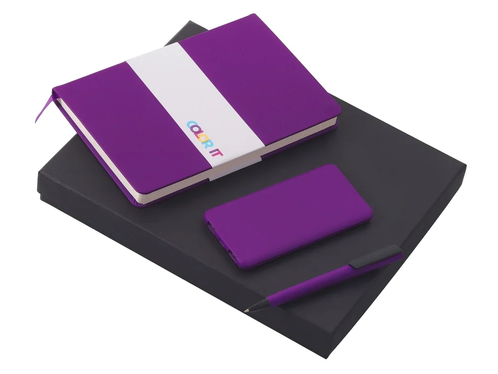 Подарочный набор COLOR IT c блокнотом ручкой и повербанком 5000 mAh фиолетовый