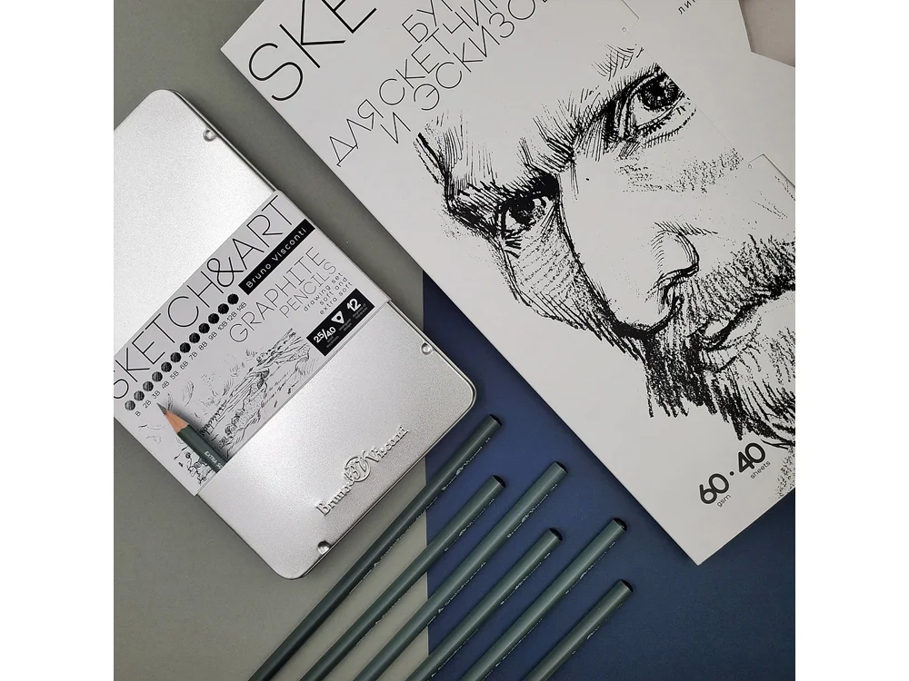 Набор из 12 чернографитовых карандашей Sketch & Art В- 14В серебристый - фото 4