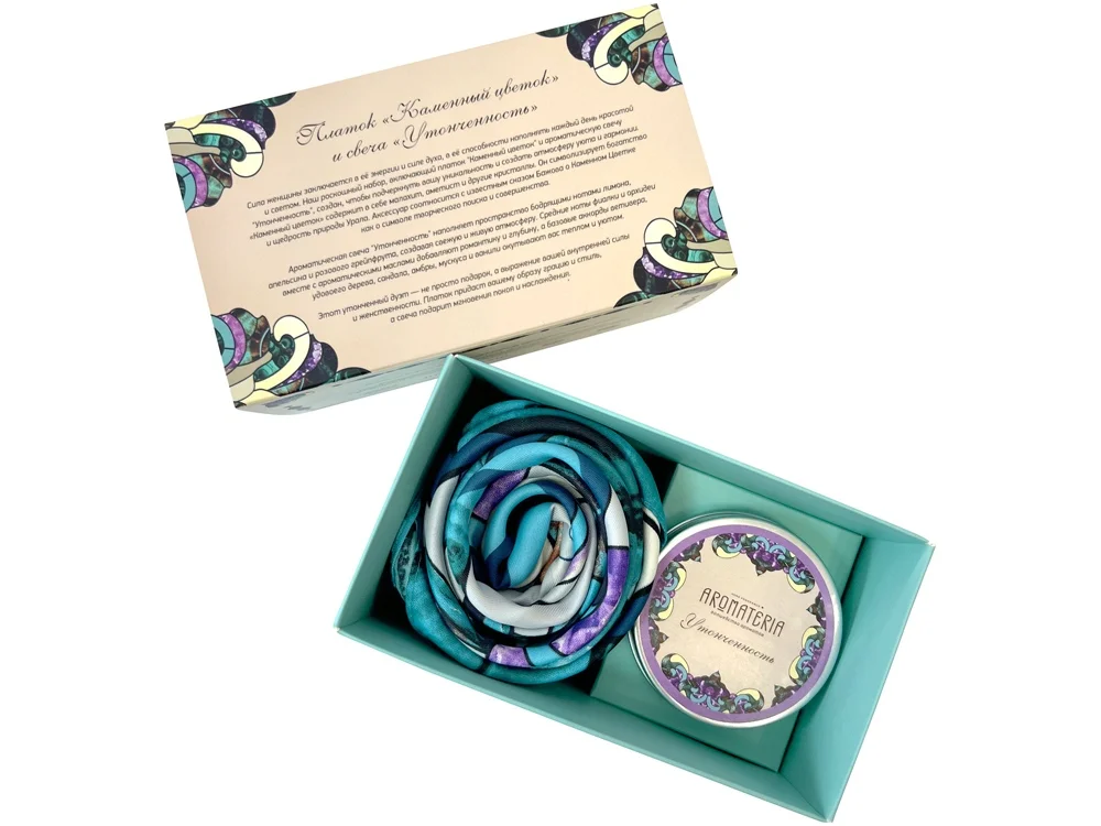 Набор: платок Каменный цветок и свеча Утонченность малахитовый