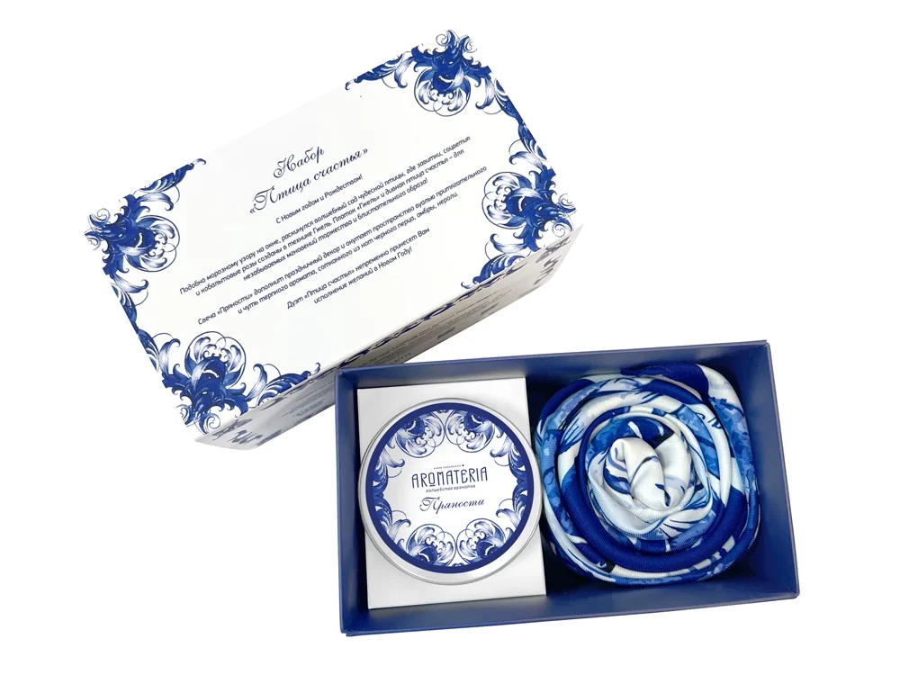 Набор: платок «Гжель» и свеча «Птица счастья», синий