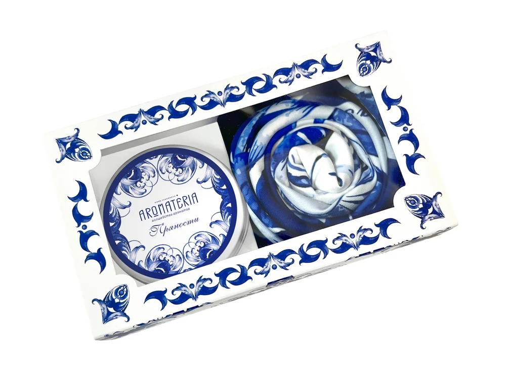 Набор: платок «Гжель» и свеча «Птица счастья», синий - фото 2