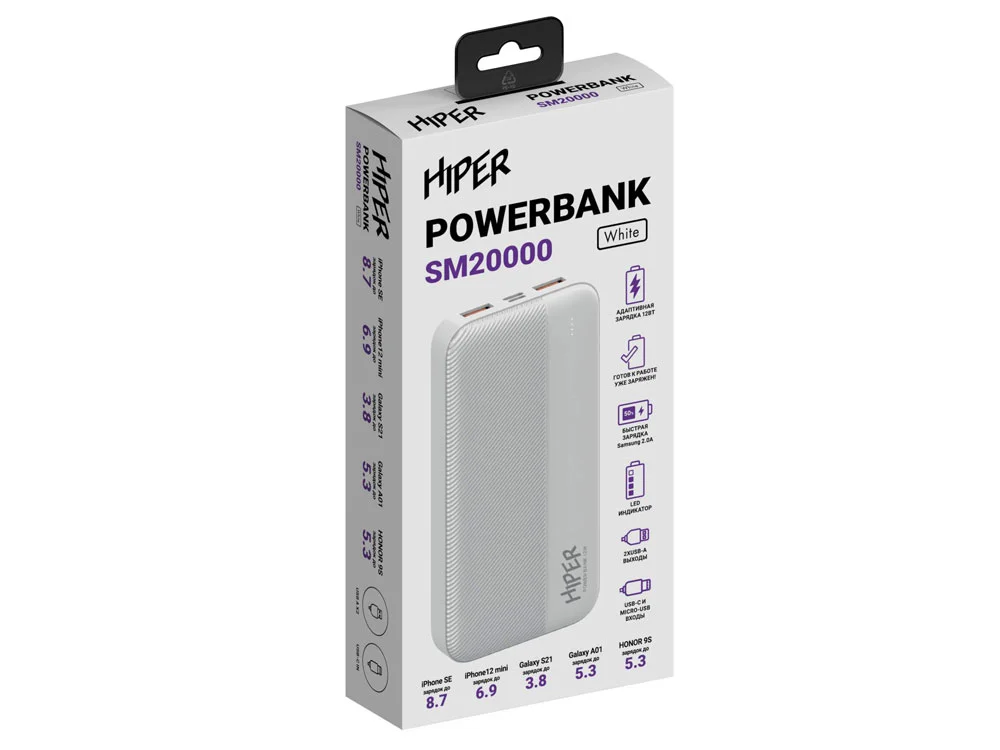 Портативный внешний аккумулятор SM 20000 mAh белый - фото 4