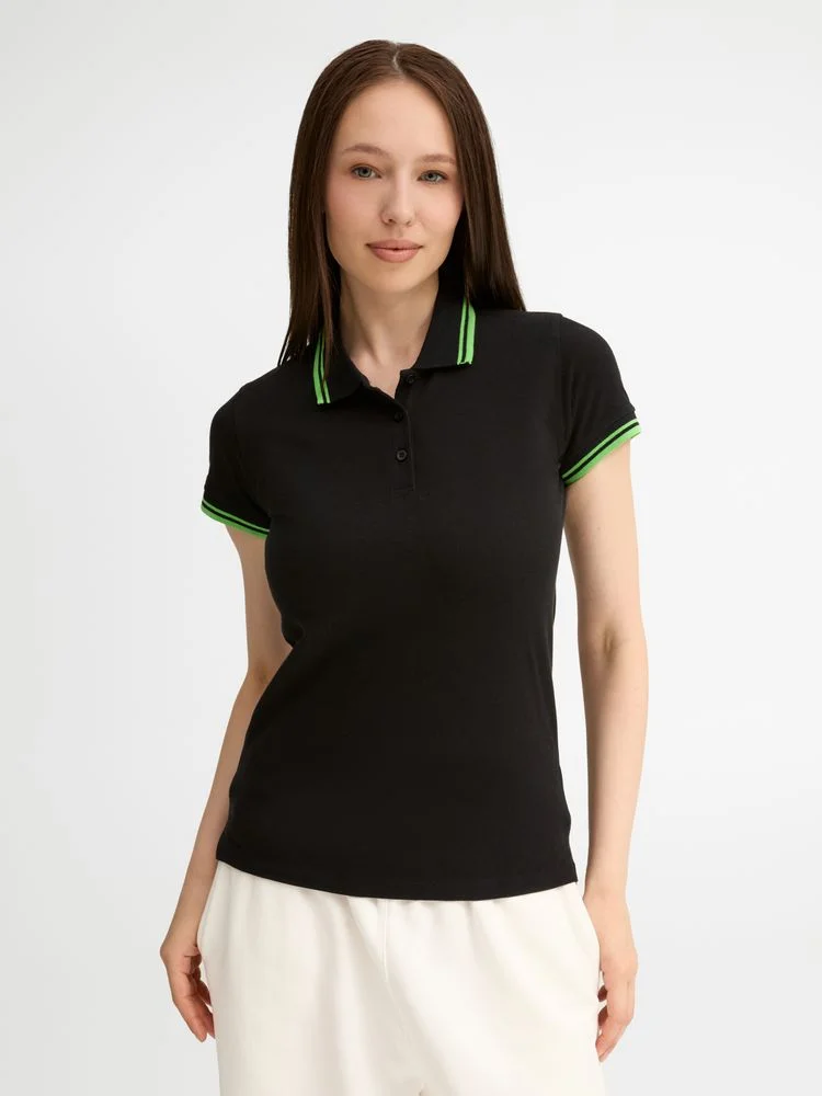 Рубашка поло женская Pasadena Women 200 с контрастной отделкой черная с зеленым - фото 5
