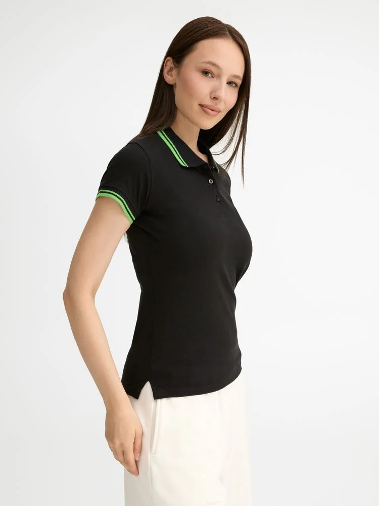 Рубашка поло женская Pasadena Women 200 с контрастной отделкой черная с зеленым - фото 6