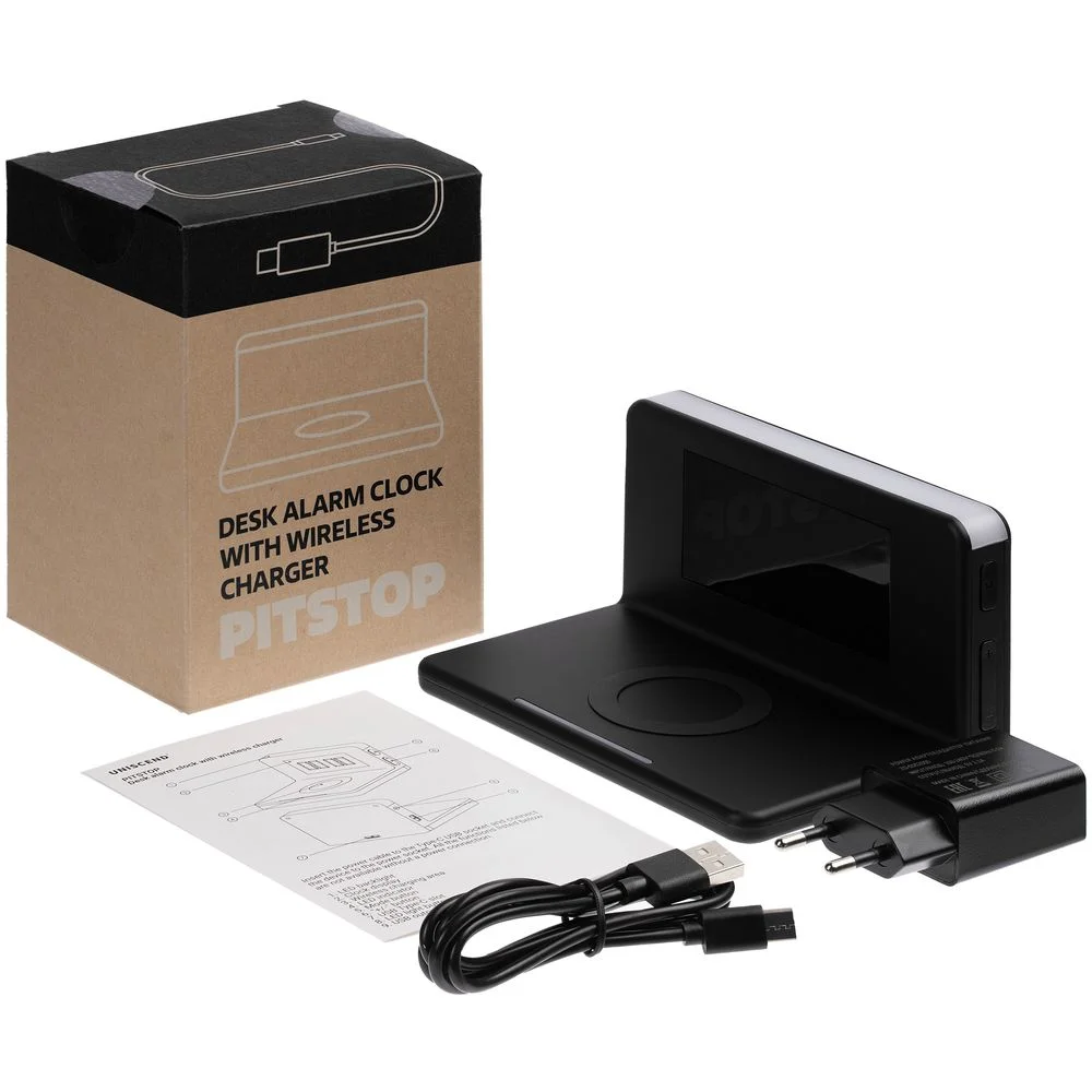 Часы настольные с беспроводным зарядным устройством Pitstop, черные - фото 10