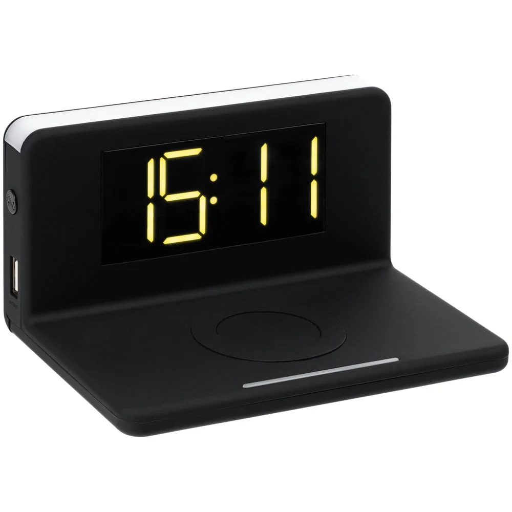 Часы настольные с беспроводным зарядным устройством Pitstop, черные - фото 2