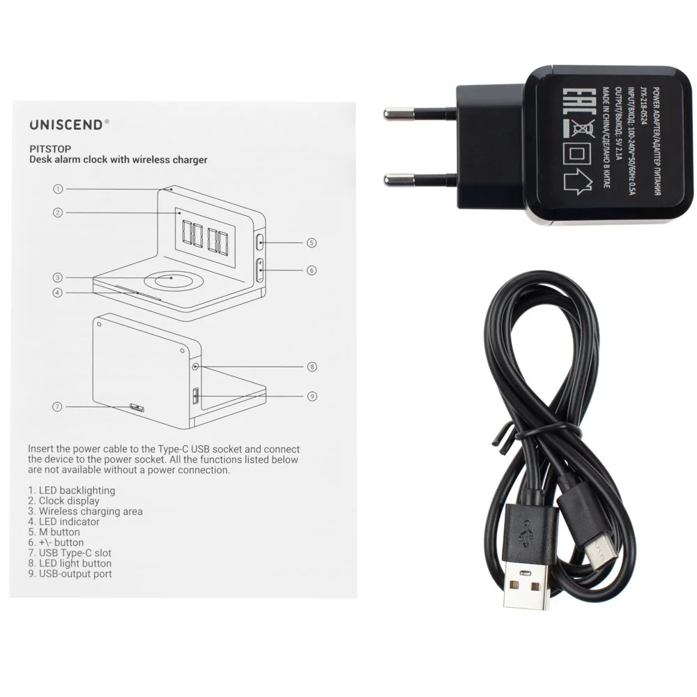 Часы настольные с беспроводным зарядным устройством Pitstop, черные - фото 9