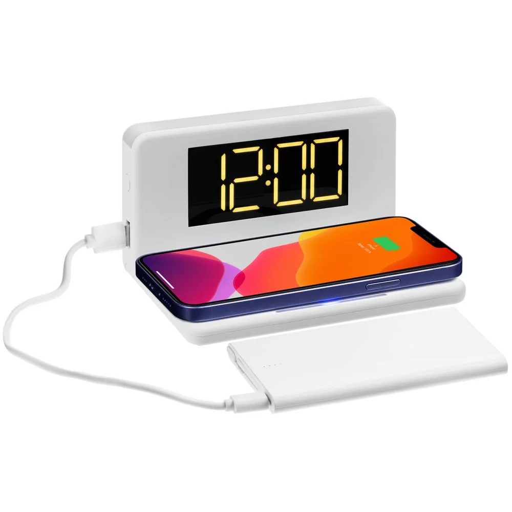 Часы настольные с беспроводным зарядным устройством Pitstop белые