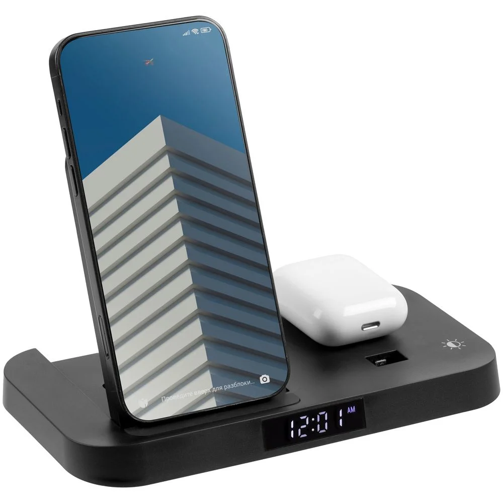 Зарядная станция с часами Clock Nest черная - фото 2