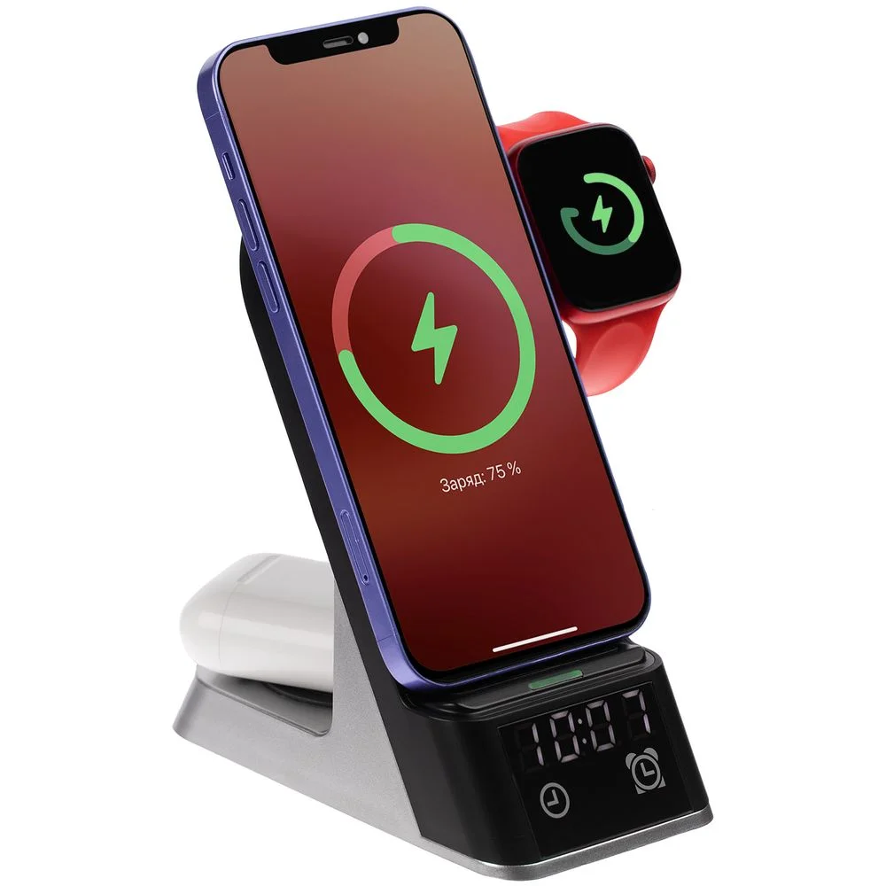 Зарядная станция с часами E-Store для смартфона часов и наушников