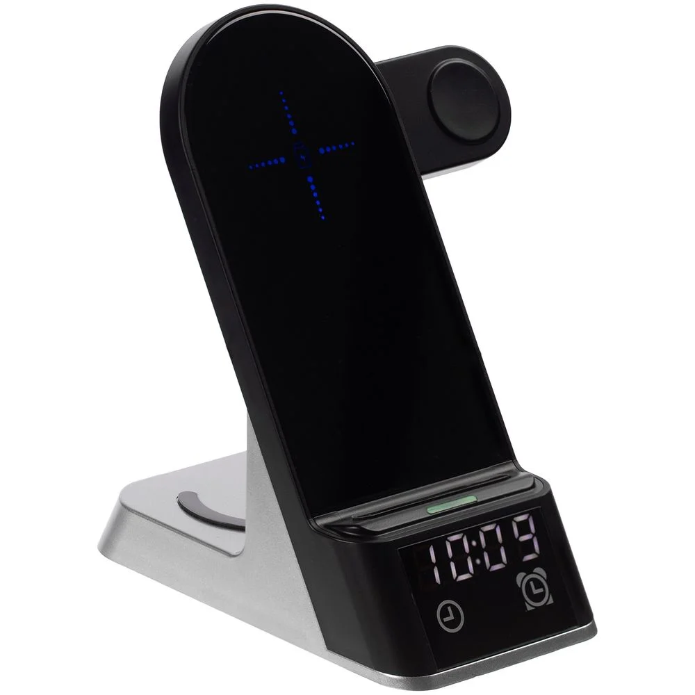 Зарядная станция с часами E-Store для смартфона часов и наушников черная - фото 2