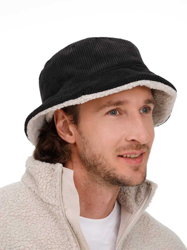 Панама Bucket двусторонняя утепленная, темно-серая с бежевым - фото 3