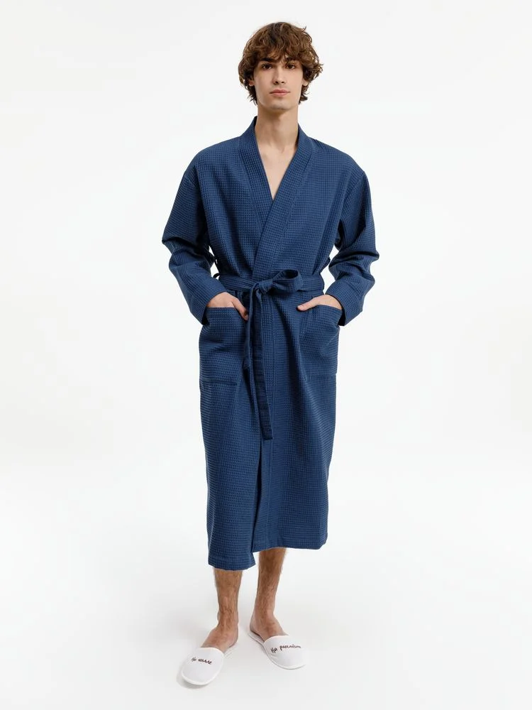 Халат вафельный Kimono темно-синий - фото 8