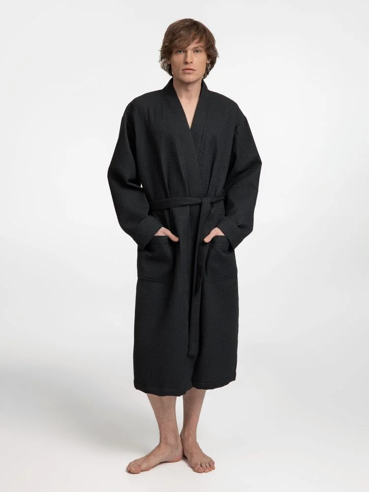 Халат вафельный Kimono черный - фото 7