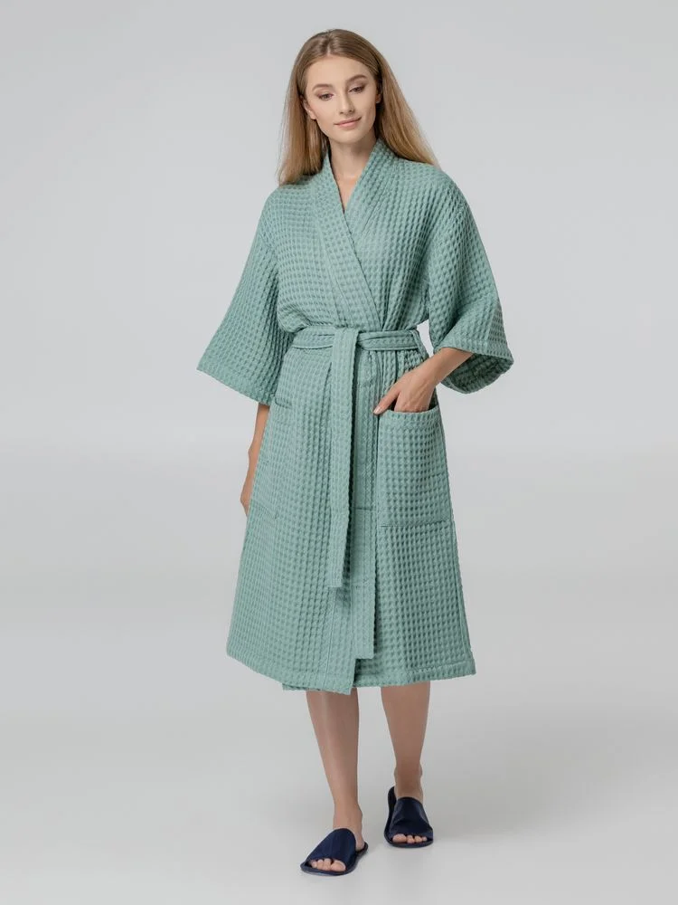 Халат вафельный женский Boho Kimono зеленая мята размер M 44-46 - фото 6
