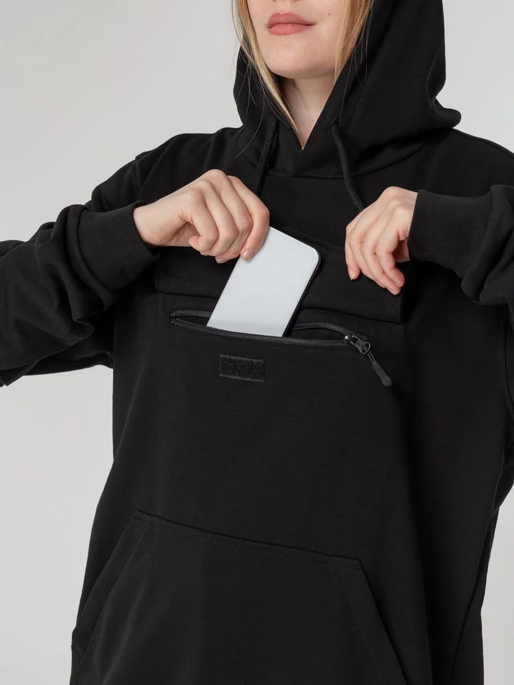 Худи унисекс с карманом на груди Chest Pocket черное размер XS/S - фото 11