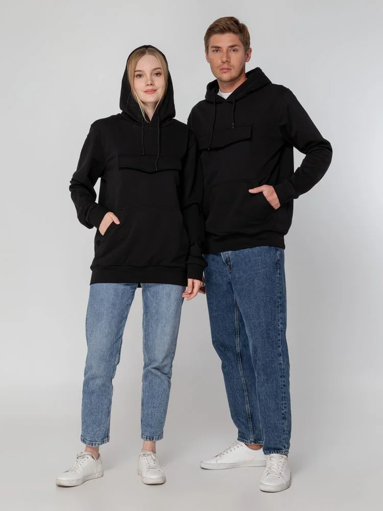 Худи унисекс с карманом на груди Chest Pocket черное размер XS/S - фото 15