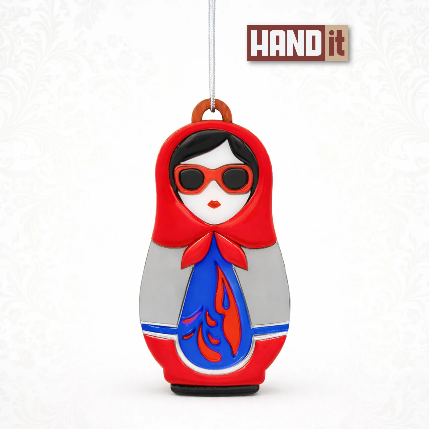 Ёлочная игрушка Матрёшка с узорами красный с синим - фото 2