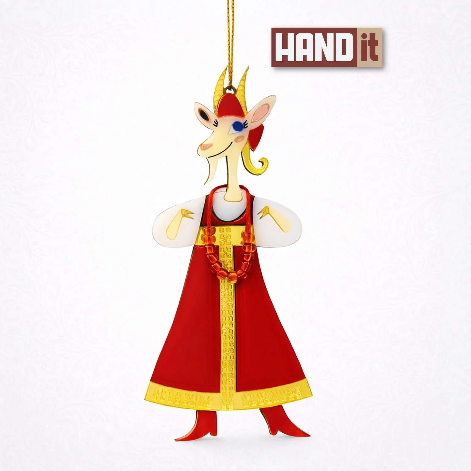 Ёлочная игрушка Коза в сарафане красный с белым - фото 2