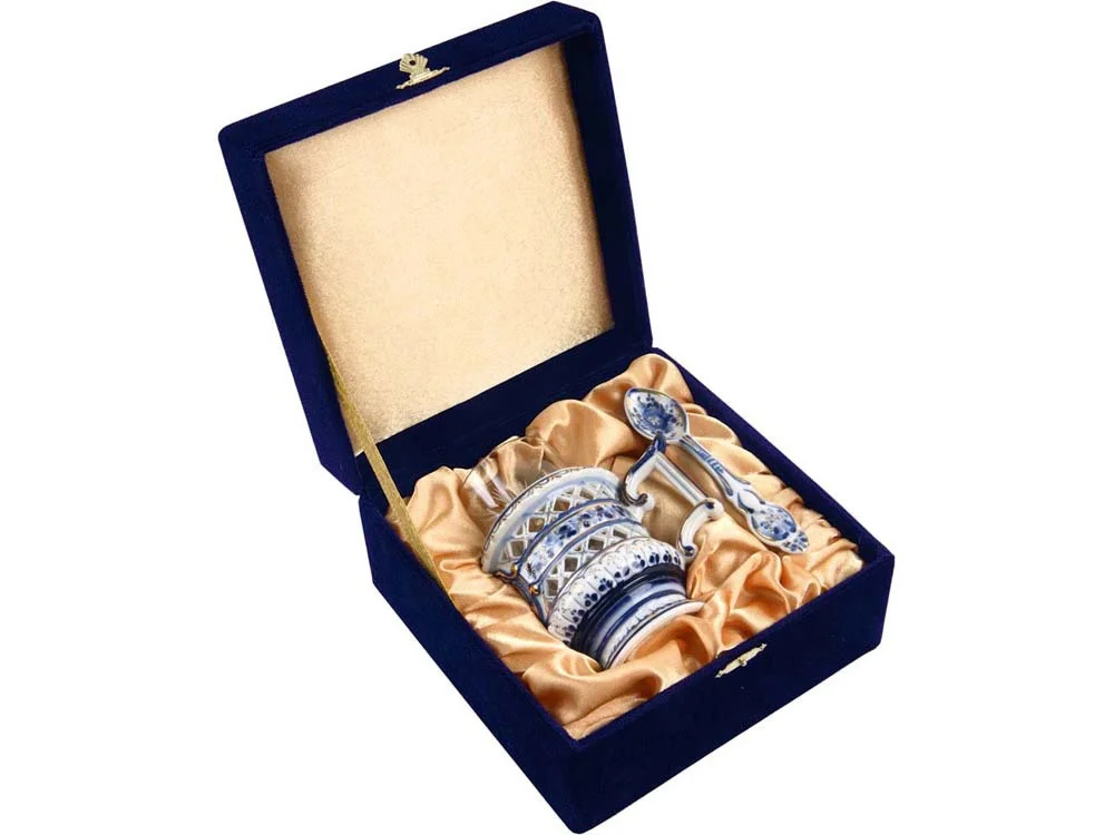 Стакан с подстаканником и ложкой, белый/синий