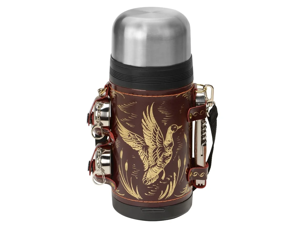 Термос в кожаном чехле бордовый 1200 мл 2 х 60 - фото 2