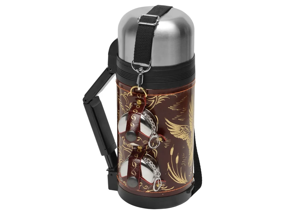 Термос в кожаном чехле бордовый 1200 мл 2 х 60 - фото 3