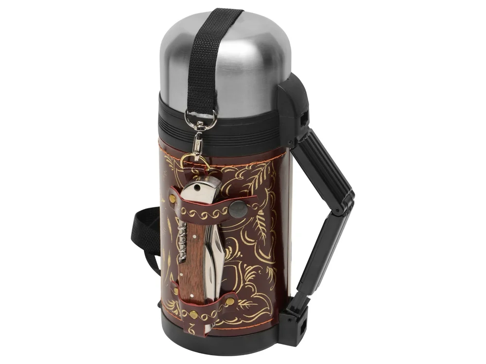 Термос в кожаном чехле бордовый 1200 мл 2 х 60 - фото 4