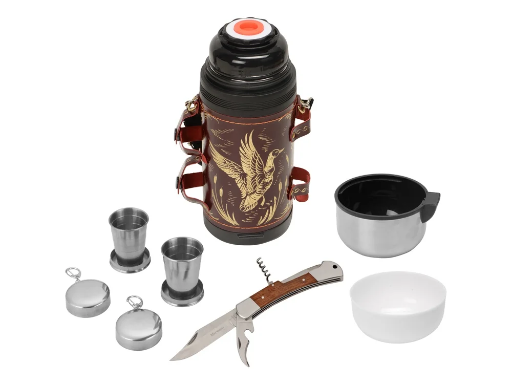 Термос в кожаном чехле бордовый 1200 мл 2 х 60 - фото 5