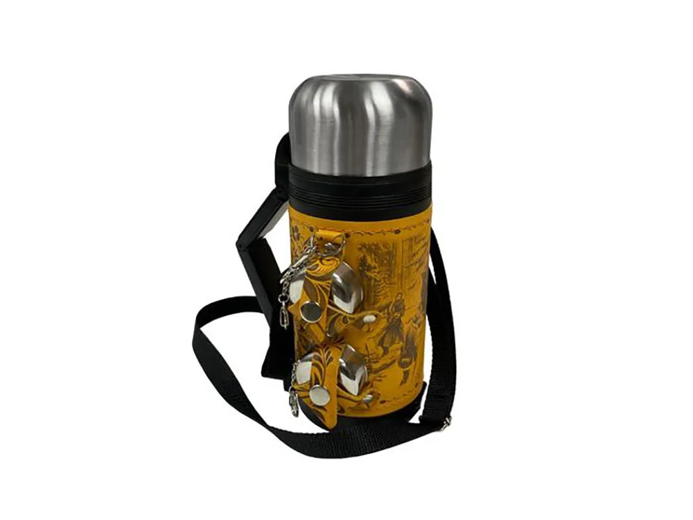 Термос в кожаном чехле рыжий 1200 мл 2 х 60 - фото 2