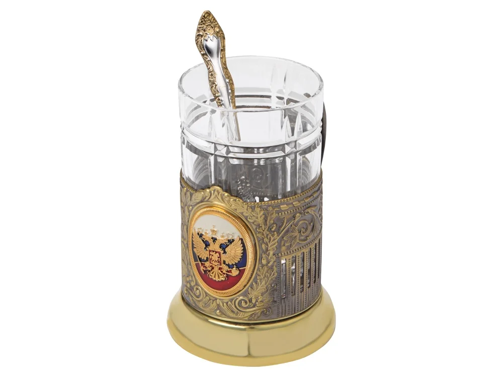 Подстаканник с хрустальным стаканом и ложкой «Российский», золотистый/прозрачный, 250 мл - фото 2