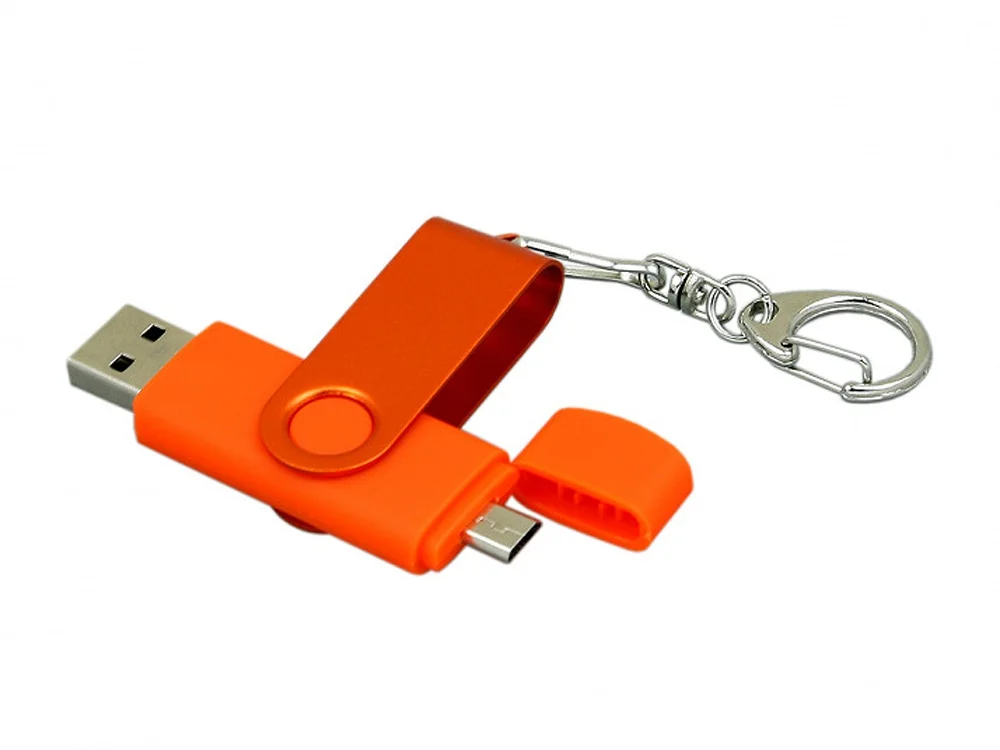 USB 2.0- флешка на 16 Гб с поворотным механизмом и дополнительным разъемом Micro USB оранжевый 16Gb - фото 2