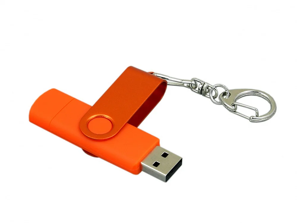 USB 2.0- флешка на 16 Гб с поворотным механизмом и дополнительным разъемом Micro USB оранжевый 16Gb - фото 3