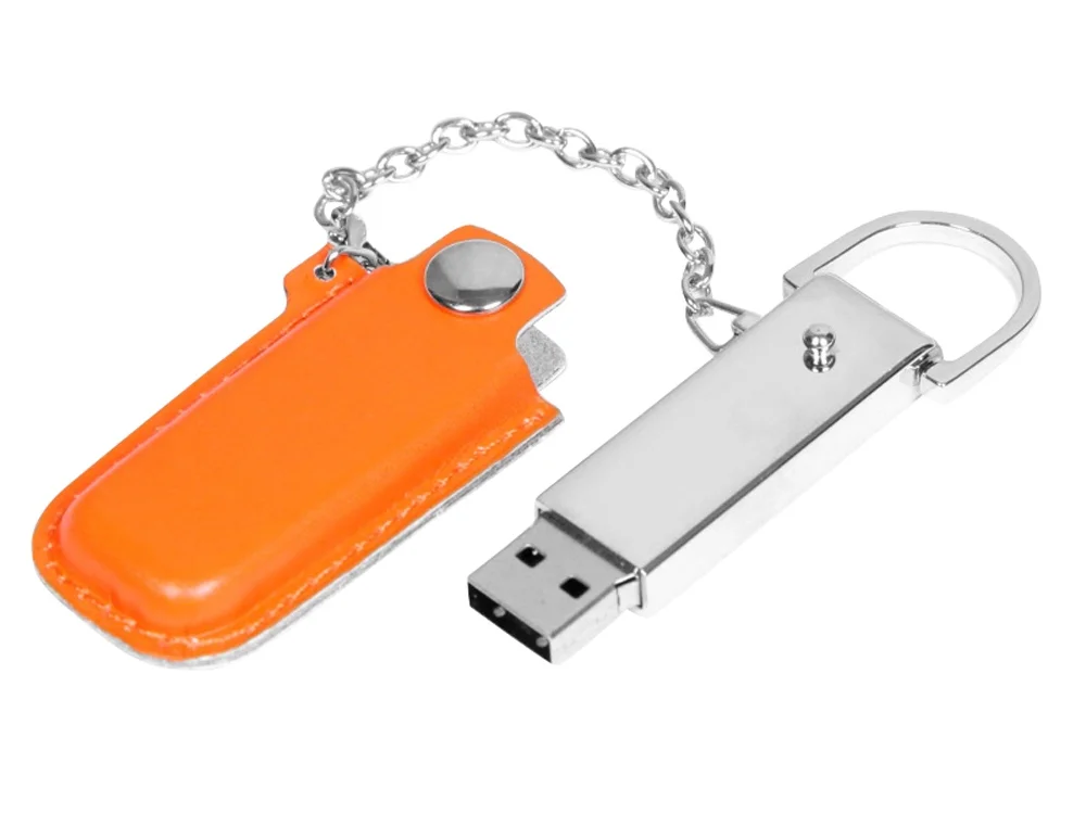 USB 2.0- флешка на 32 Гб в массивном корпусе с кожаным чехлом оранжевый/серебристый 32Gb - фото 2