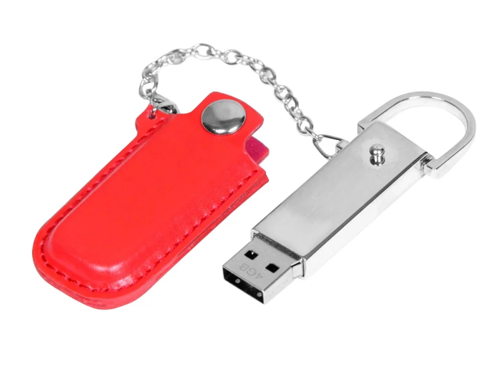 USB 2.0- флешка на 32 Гб в массивном корпусе с кожаным чехлом красный/серебристый 32Gb - фото 2