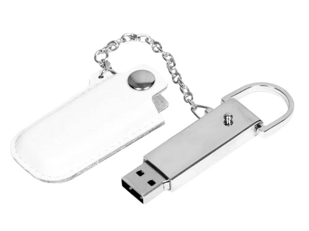 USB 2.0- флешка на 32 Гб в массивном корпусе с кожаным чехлом белый/серебристый 32Gb - фото 2