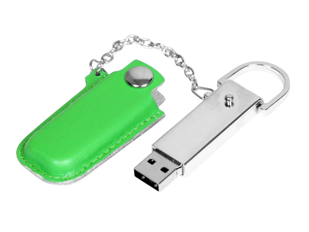 USB 2.0- флешка на 64 Гб в массивном корпусе с кожаным чехлом зеленый/серебристый 64Gb - фото 2