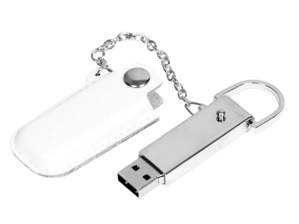 USB 2.0- флешка на 8 Гб в массивном корпусе с кожаным чехлом белый/серебристый 8Gb - фото 2