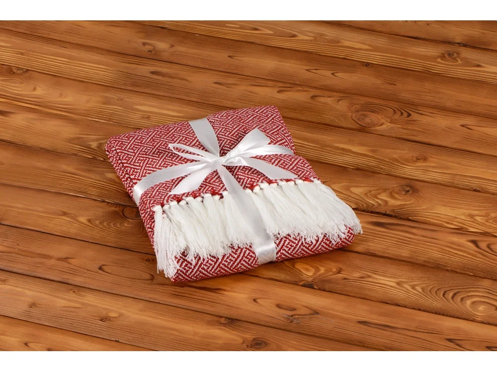 Плед акриловый с белой бахромой Tassel красный - фото 5