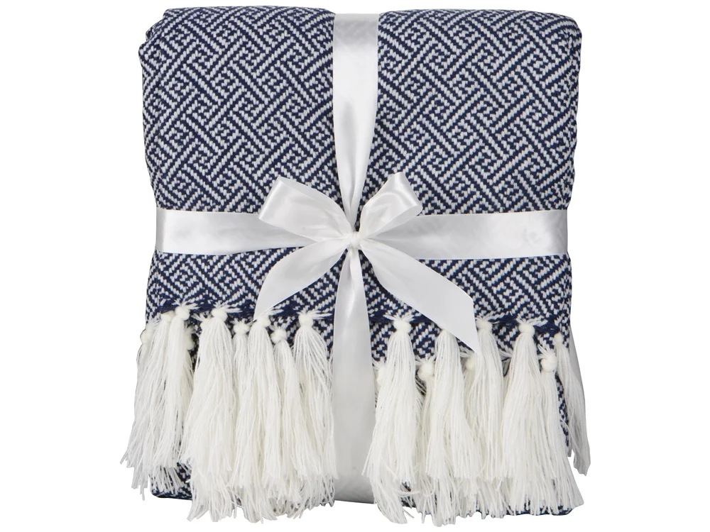 Плед акриловый с белой бахромой «Tassel», темно-синий - фото 3