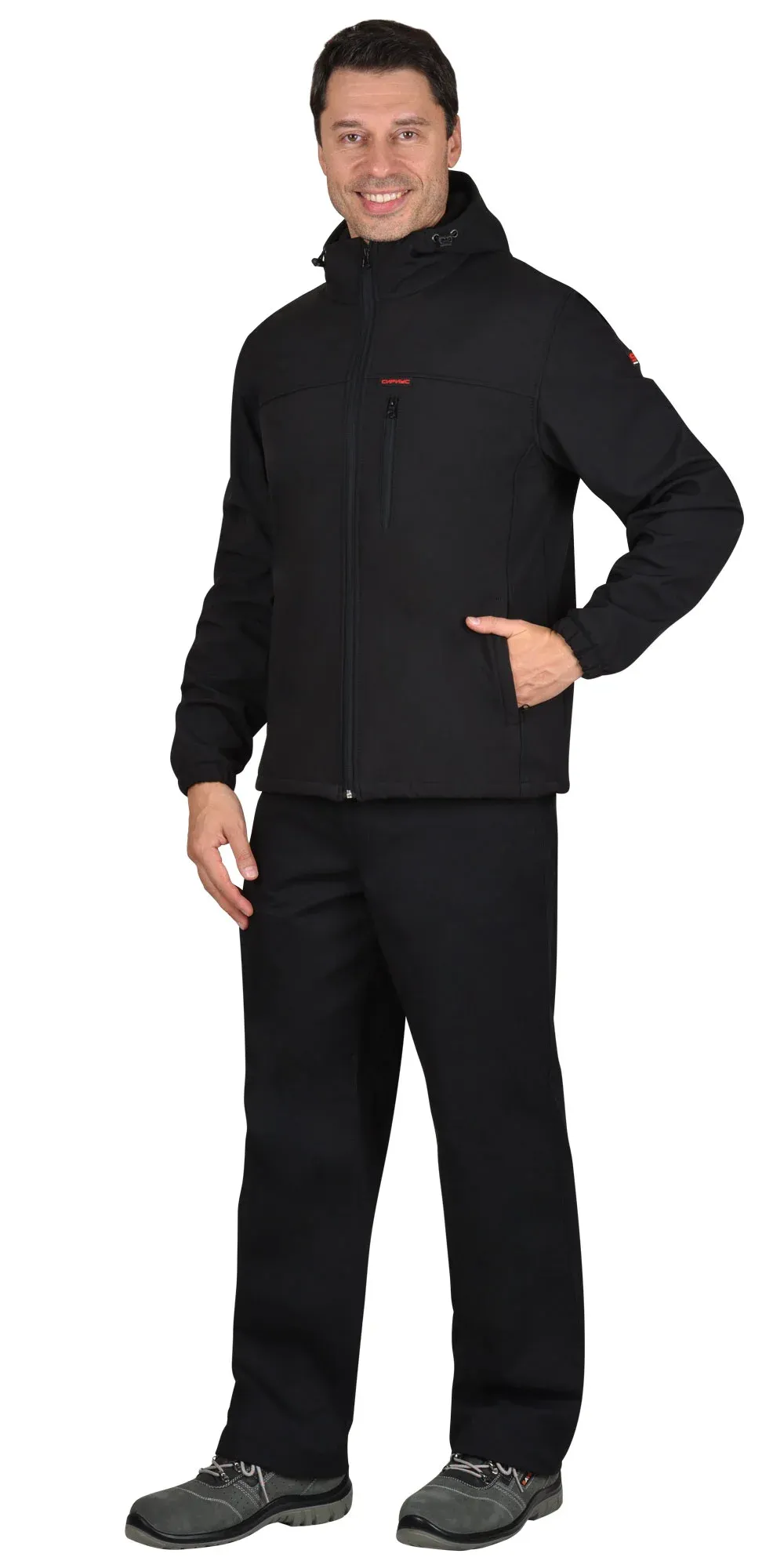 Куртка СИРИУС-АЗОВ с капюшоном черный софтшелл 350 г/м2 88-92/170-176